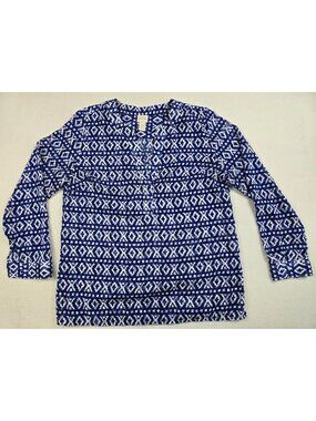 Chicos Blue & White Long Sleeve Geometric Print Blouse Top Size 1 Medium